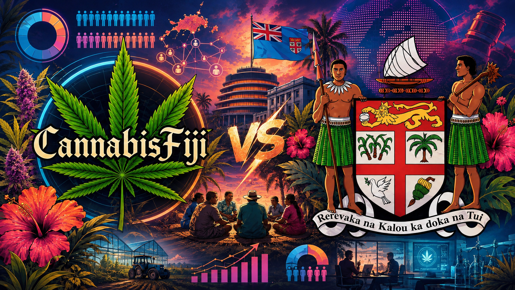 Editorial artwork: the Cannabis Fiji emblem faces the Fiji coat of arms across a glowing 'VS' divide, surrounded by Fijian flags, hibiscus, data charts, and scenes of farmers, a greenhouse, and a laboratory, symbolising the national policy debate over cannabis reform.