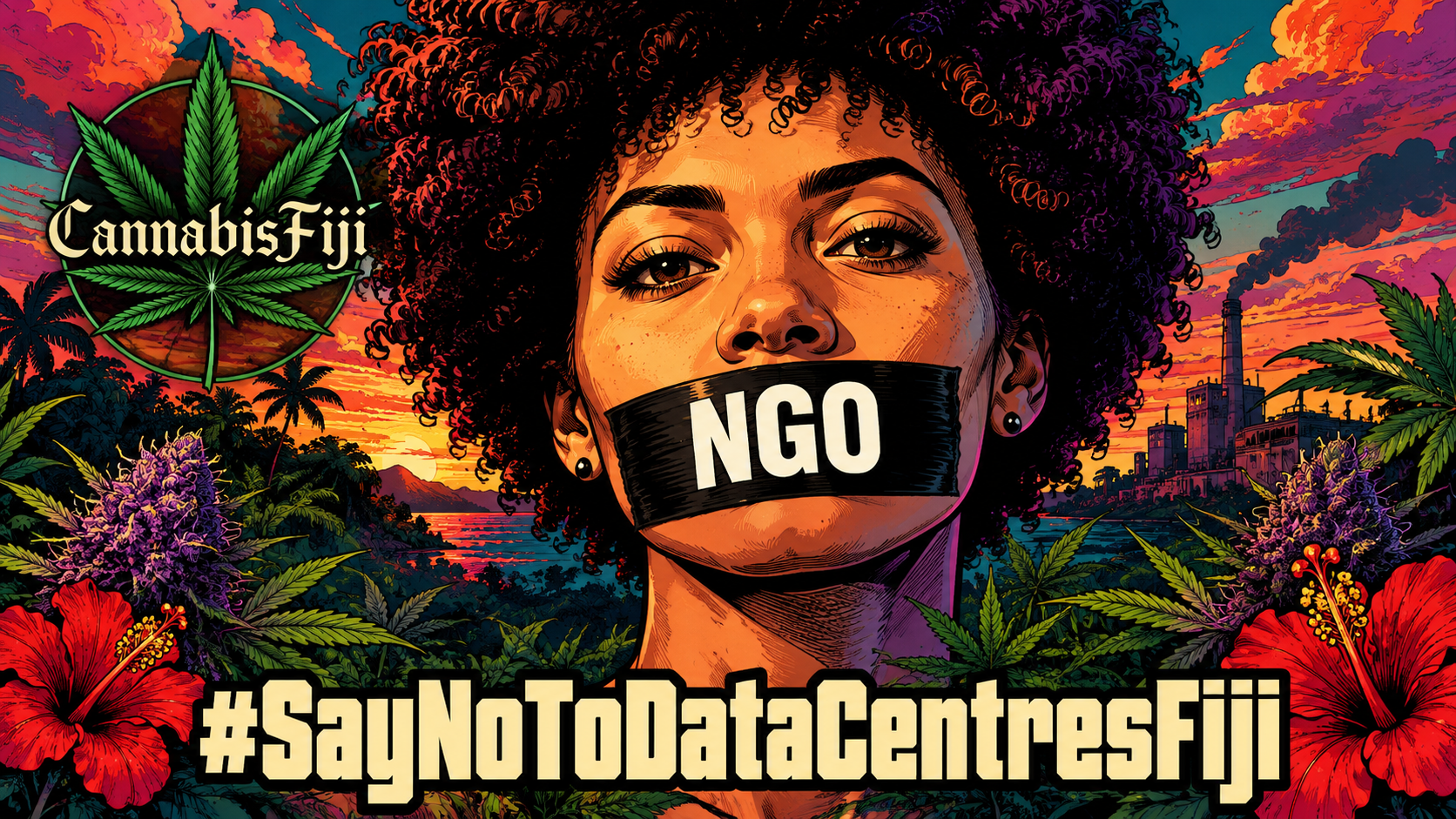 Editorial artwork: a woman with 'NGO' tape across her mouth stands amid Fijian hibiscus flowers, cannabis leaves and a silhouetted data centre at sunset, with the Cannabis Fiji emblem and the hashtag #SayNoToDataCentresFiji.