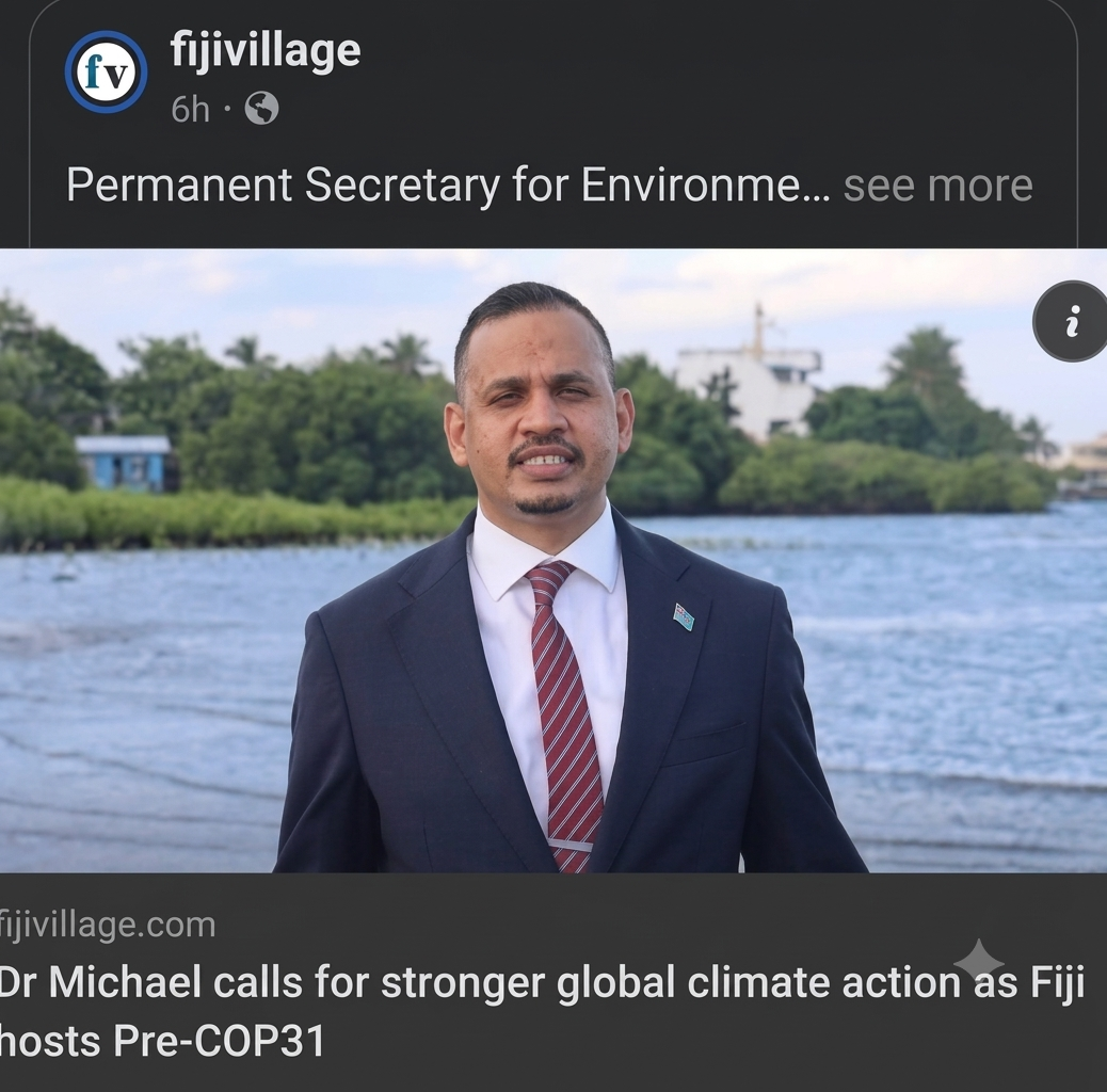 Fijivillage news screenshot: Permanent Secretary for Environment Dr. Michael calls for stronger global climate action as Fiji hosts Pre-COP31, with Suva's waterfront in the background.