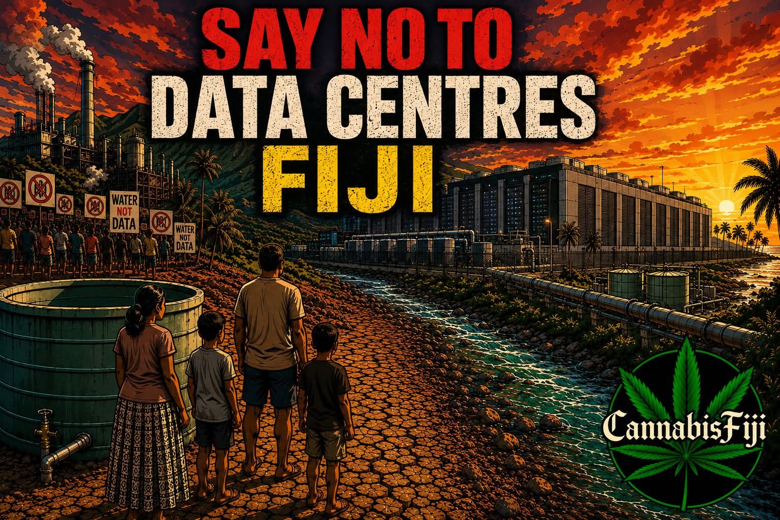 Say No to Data Centres Fiji artwork: a Fijian family stands on cracked earth beside a drying stream, facing a massive industrial data centre under a fiery sunset, with protesters holding 'Water Not Data' signs in the distance and the Cannabis Fiji emblem.