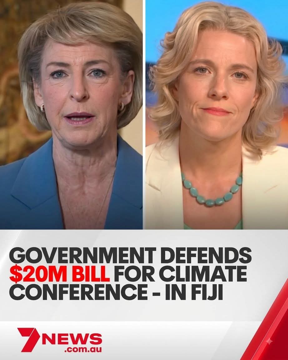 7NEWS report graphic: Australian politicians Michaelia Cash and Clare O'Neil, with the headline 'Government defends $20M bill for climate conference - in Fiji'.