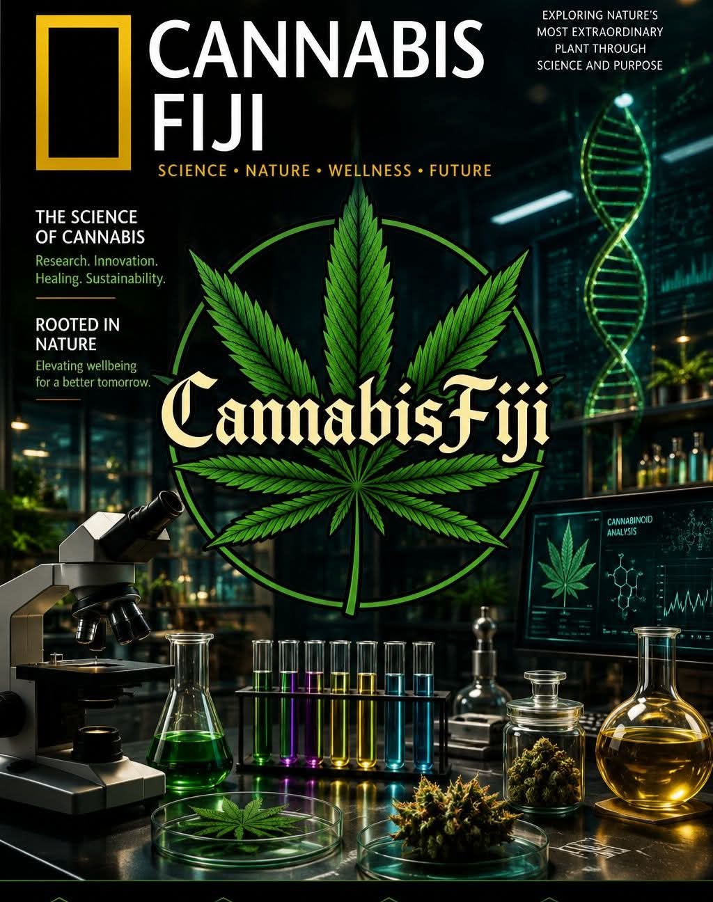 National Geographic-style cover featuring the Cannabis Fiji emblem with the headline 'Cannabis Fiji — Science · Nature · Wellness · Future'.