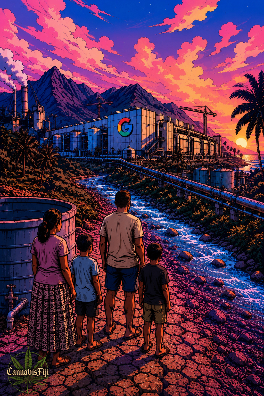Illustration of a Fijian family standing on cracked earth beside a stream, looking toward a large Google-branded data centre nestled between mountains and the sea under a fiery sunset sky.