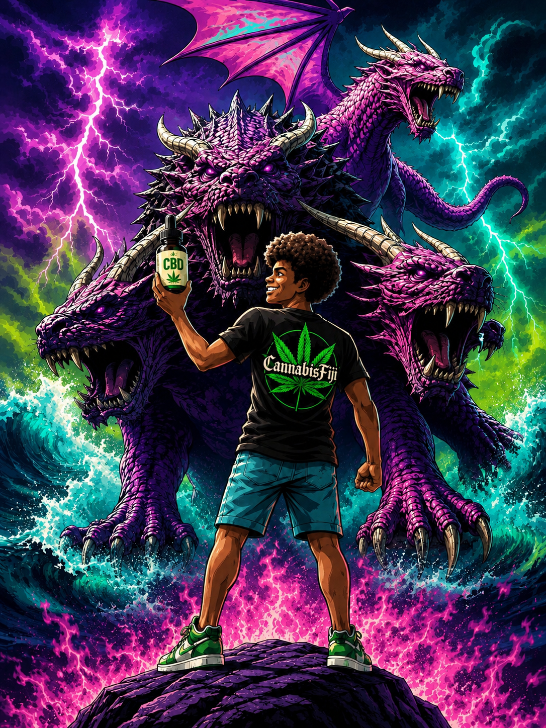 Illustration of a young Fijian in a CannabisFiji shirt holding a CBD bottle, facing down a three-headed dragon amid storm and surf.